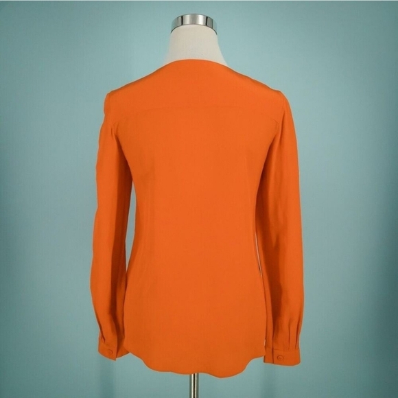 Tibi Orange V Neck Long Sleeve Pleated Asymmetrical Hem 100% Silk Top Size 8 - Picture 3 of 8